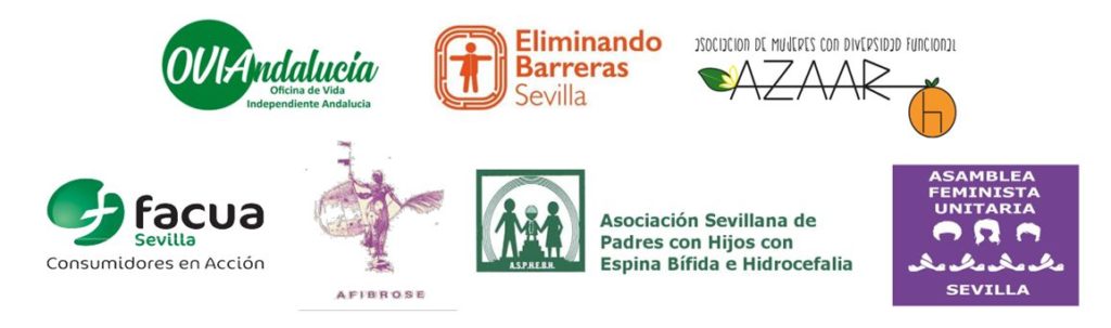 Logos de entidades convocantes y adheridas: VI Andalucía, Eliminando Barreras, Asociación AZAAR, FACUA, AFIBROSE, A.S.P.H.E.B.H, Asamblea Feminista Unitaria